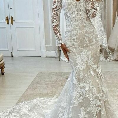 Elegant mermaid lace long sleeve wedding dress bridal gown