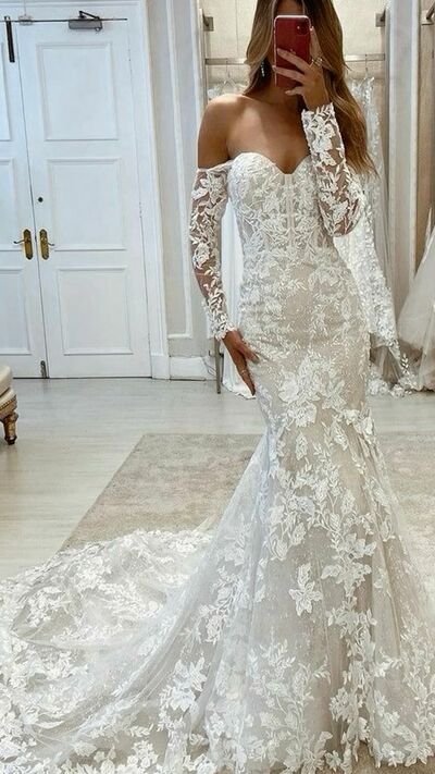 Elegant Mermaid Lace Long Sleeve Wedding Dress Bridal Gown