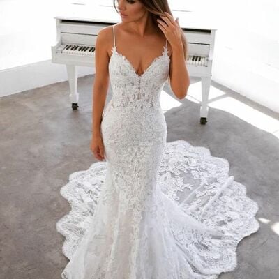Elegant mermaid lace sleeveless wedding dress bridal gown