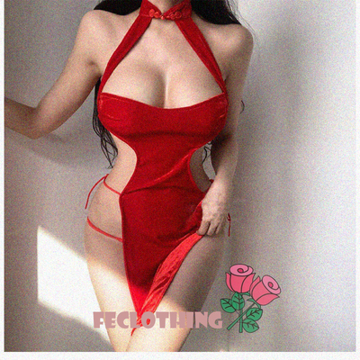 High slit piece tie velvet cheongsam - Thumbnail 4