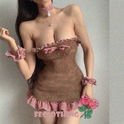 Plush backless maid wear bear nightdress sexy lace bow knot pajamas package hip skirt - Thumbnail 3