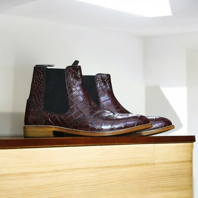 Handmade genuine cow-hide alligator textured leather boots for men, chelsea exotic 