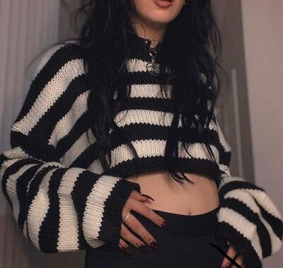 Black White Striped Cropped Pullover Knit Sweater