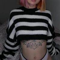 Black White Striped Cropped Pullover Knit Sweater - Thumbnail 1