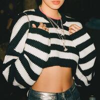 Black White Striped Cropped Pullover Knit Sweater - Thumbnail 2