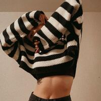 Black White Striped Cropped Pullover Knit Sweater - Thumbnail 3