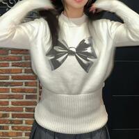 Bow White Pullover Knit Sweater - Thumbnail 1