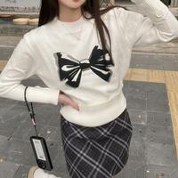 Bow White Pullover Knit Sweater - Thumbnail 2