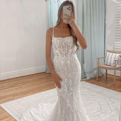 Elegant mermaid v neck lace sleeveless wedding dress bridal gown