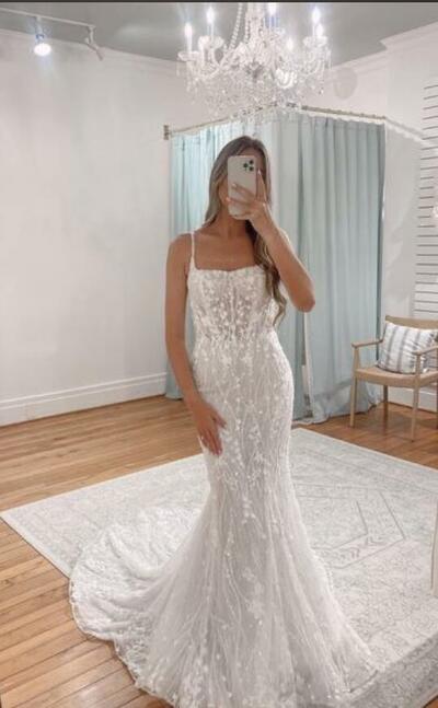 Elegant Mermaid V Neck Lace Sleeveless Wedding Dress Bridal Gown