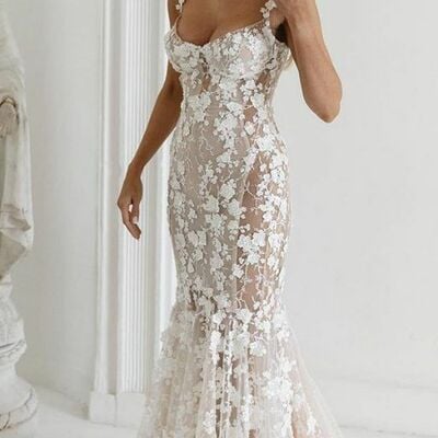 Elegant mermaid scoop lace sleeveless wedding dress bridal gown