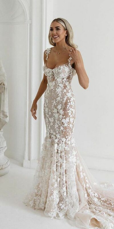 Elegant Mermaid Scoop Lace Sleeveless Wedding Dress Bridal Gown