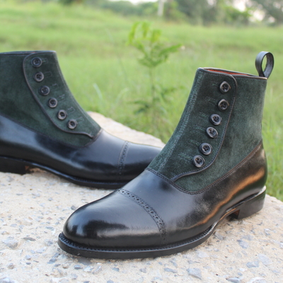 Crafted leather handmade men black calf green suede leather ankle dress boot - Thumbnail 4