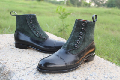 Crafted Leather Handmade Men Black Calf Green Suede Leather Ankle Dress Boot