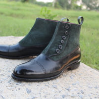 Crafted Leather Handmade Men Black Calf Green Suede Leather Ankle Dress Boot - Thumbnail 2