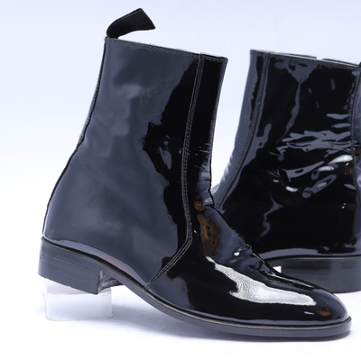Crafted leather handmade men black patent leather side zipper ankle dress boot