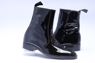 Crafted Leather Handmade Men Black Patent Leather Side Zipper Ankle Dress Boot