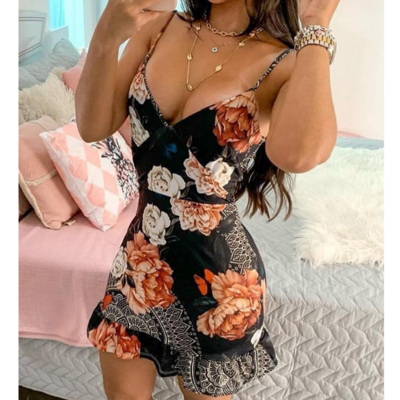 Sling black print sexy v-neck dress