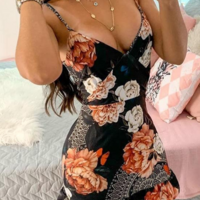 Sling Black Print Sexy V-Neck Dress - Thumbnail 2