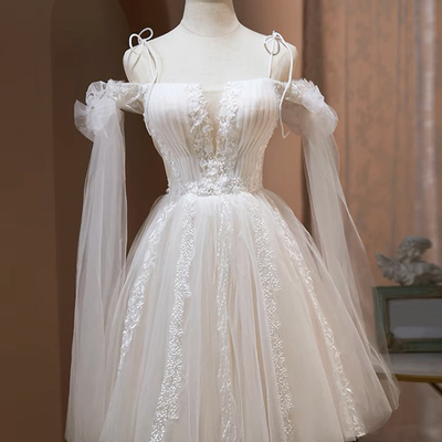 Lvory tulle lace short party dress, lovely a-line off the shoulder evening dress - Thumbnail 1