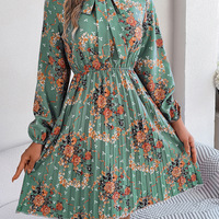 Women Elegant Flowers Long Sleeved Dress - Thumbnail 1