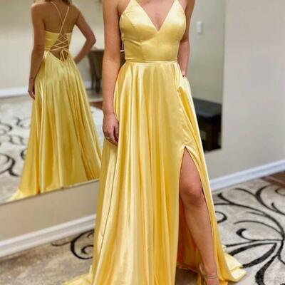 Simple a line v neck split yellow prom dresses - Thumbnail 1
