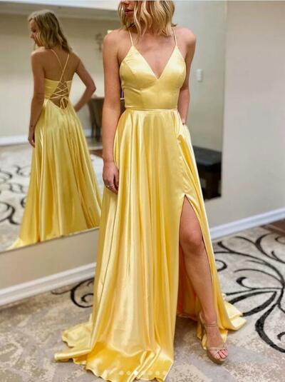 Simple A Line V Neck Split Yellow Prom Dresses