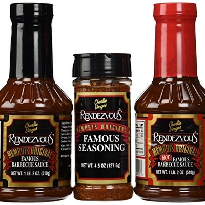 Memphis rendezvous original bbq sauce, hot bbq sauce + seasoning rub