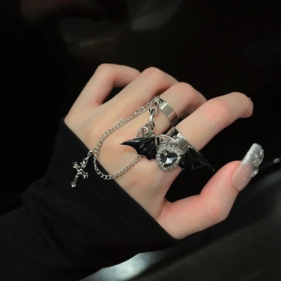   crystal heart cross irregular double finger rings jewelry punk black bat wing cross chain rings for men women  - Thumbnail 5