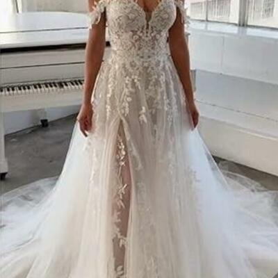 Elegant a line off the shoulder lace appliques wedding dress bridal gown