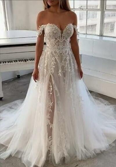 Elegant A Line Off the Shoulder Lace Appliques Wedding Dress Bridal Gown