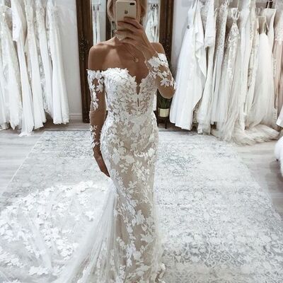Elegant mermaid lace appliques off the shoulder wedding dress bridal gown