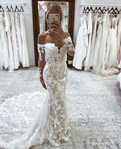 Elegant Mermaid Lace Appliques Off the Shoulder Wedding Dress Bridal Gown