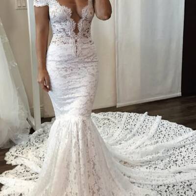 Elegant mermaid lace appliques off the shoulder wedding dress bridal gown