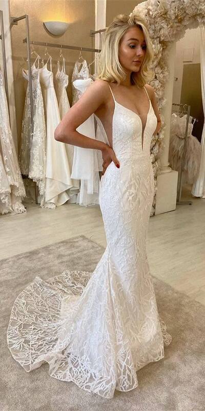 Elegant Mermaid Lace Appliques Wedding Dress Bridal Gown