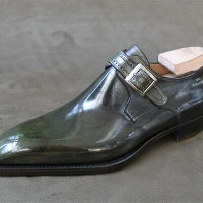 Handmade men's green monks stylish dress formal shoes