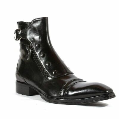 Handmade men's pure black side button, zipper monk strap high ankle dress boots