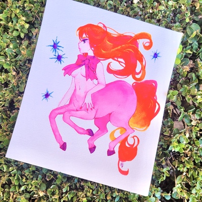 5.5 x 6.5 neon centaur watercolor piece