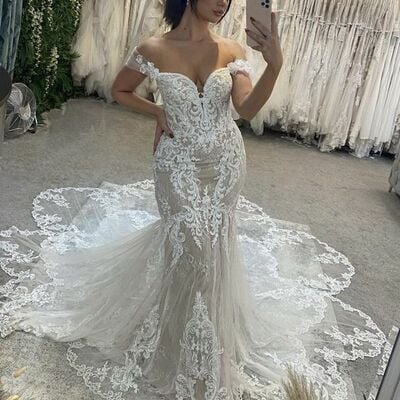 Elegant mermaid lace off the shoulder appliques wedding dress bridal gown