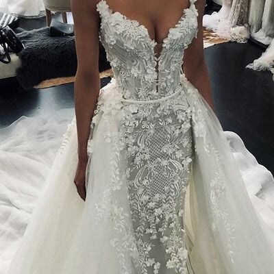 Elegant mermaid sleeveless lace appliques wedding dress bridal gown