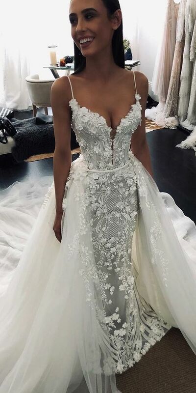 Elegant Mermaid Sleeveless Lace Appliques Wedding Dress Bridal Gown