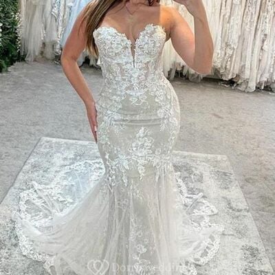 Elegant mermaid plus size sleeveless lace appliques wedding dress bridal gown - Thumbnail 3