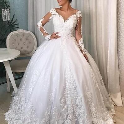 Elegant ball gown long sleeve lace appliques wedding dress bridal gown - Thumbnail 2