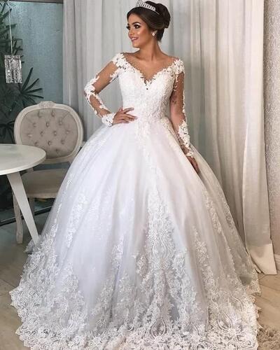 Elegant Ball Gown Long Sleeve Lace Appliques Wedding Dress Bridal Gown