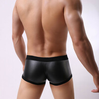 Faux leather Underwear 2PK Men's sexy lingerie stage performance nylon boxer briefs Black 1167PJ - Thumbnail 3