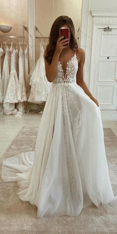 Elegant A Line Sleeveless Lace Appliques Wedding Dress Bridal Gown