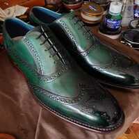 New Classic Green Wingtip Lace Up Leather Shoes For Gentlemen - Thumbnail 1