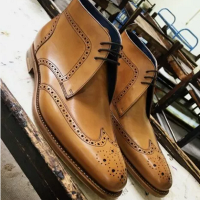 Handmade tan wing tip brogue ankle leather chukka boots for men's