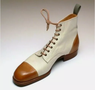 New Handmade Two Tone Pure Tan & Off white Leather High Ankle Boots for Men's