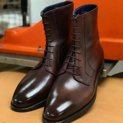 Men brown leather ankle boots with lace up closure, men leather boots